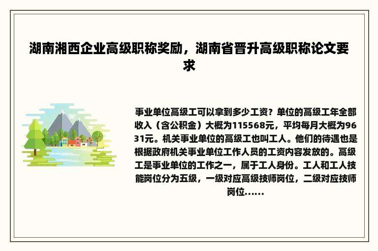 湖南湘西企业高级职称奖励，湖南省晋升高级职称论文要求