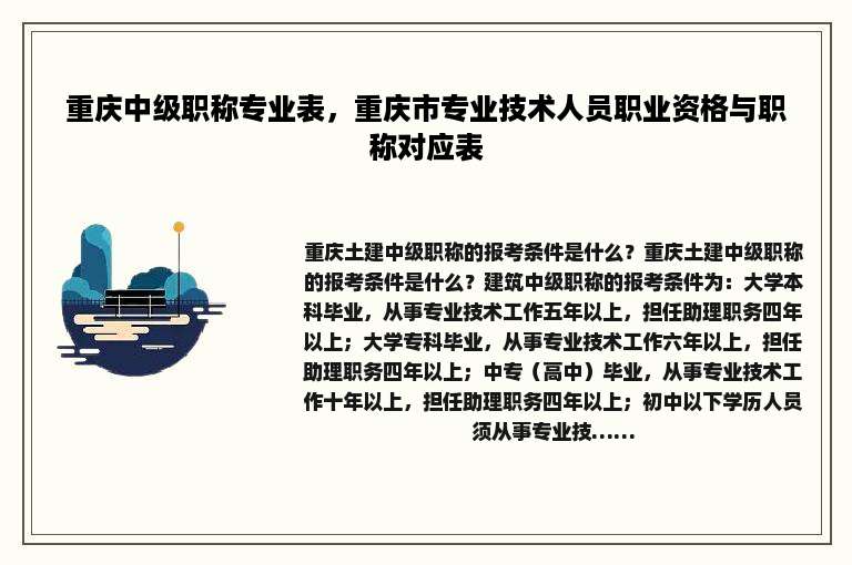 重庆中级职称专业表，重庆市专业技术人员职业资格与职称对应表