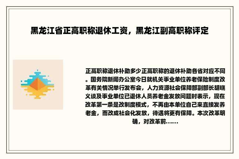 黑龙江省正高职称退休工资，黑龙江副高职称评定