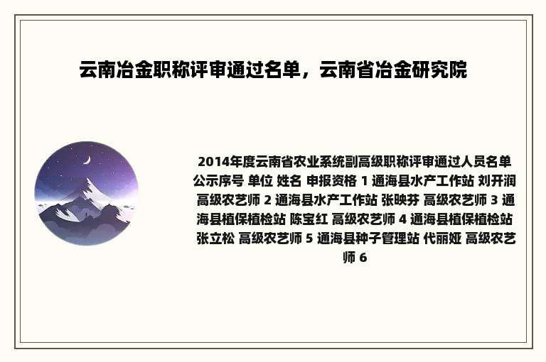 云南冶金职称评审通过名单，云南省冶金研究院