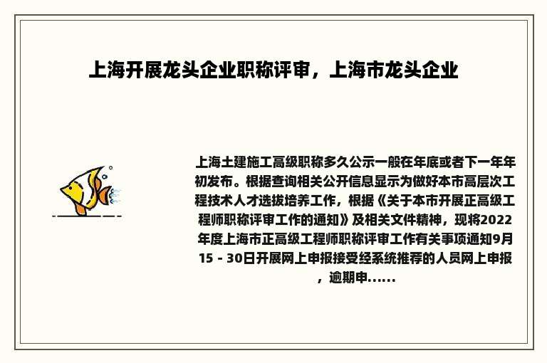 上海开展龙头企业职称评审，上海市龙头企业