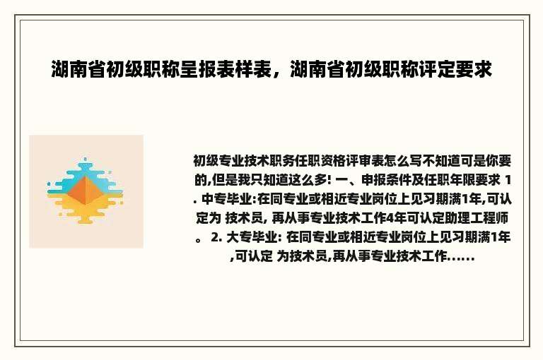 湖南省初级职称呈报表样表，湖南省初级职称评定要求