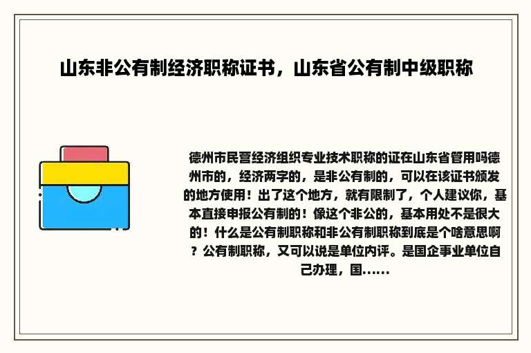 山东非公有制经济职称证书，山东省公有制中级职称