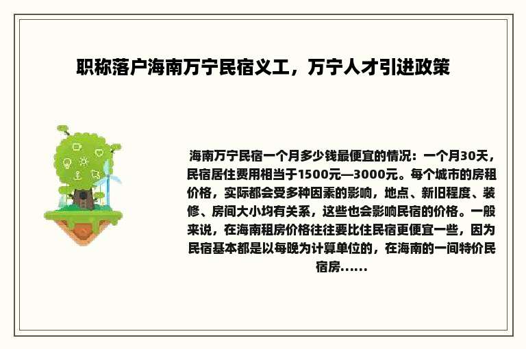 职称落户海南万宁民宿义工，万宁人才引进政策