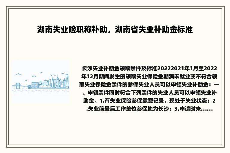 湖南失业险职称补助，湖南省失业补助金标准