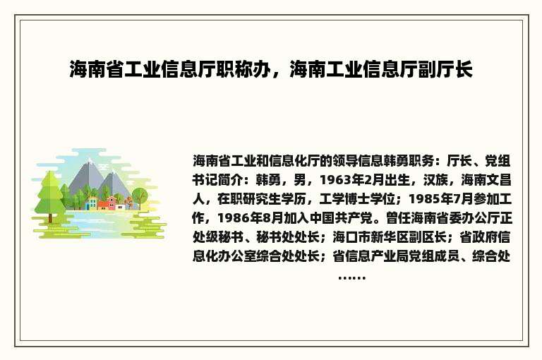 海南省工业信息厅职称办，海南工业信息厅副厅长