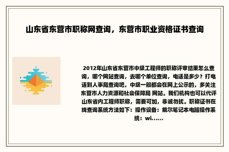 山东省东营市职称网查询，东营市职业资格证书查询
