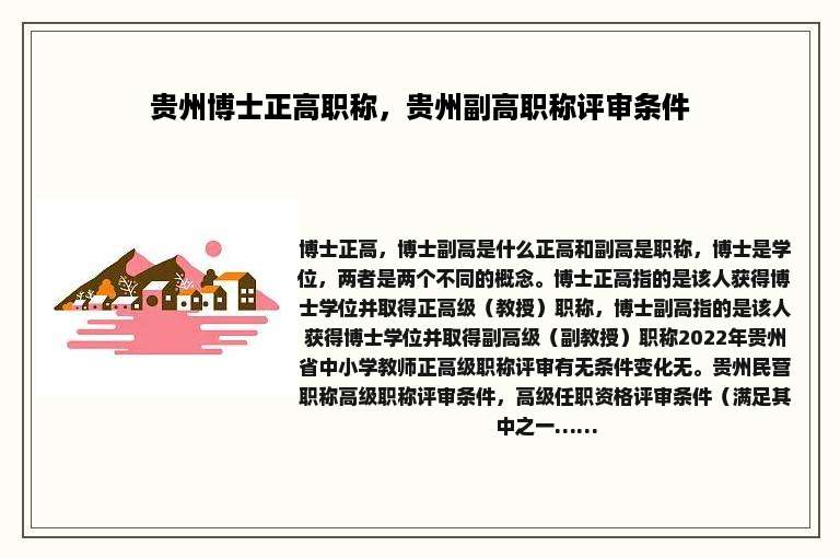 贵州博士正高职称，贵州副高职称评审条件