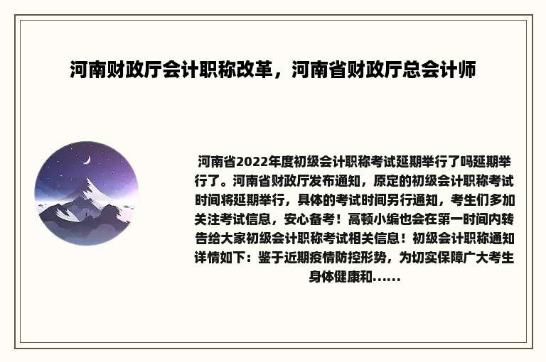 河南财政厅会计职称改革，河南省财政厅总会计师