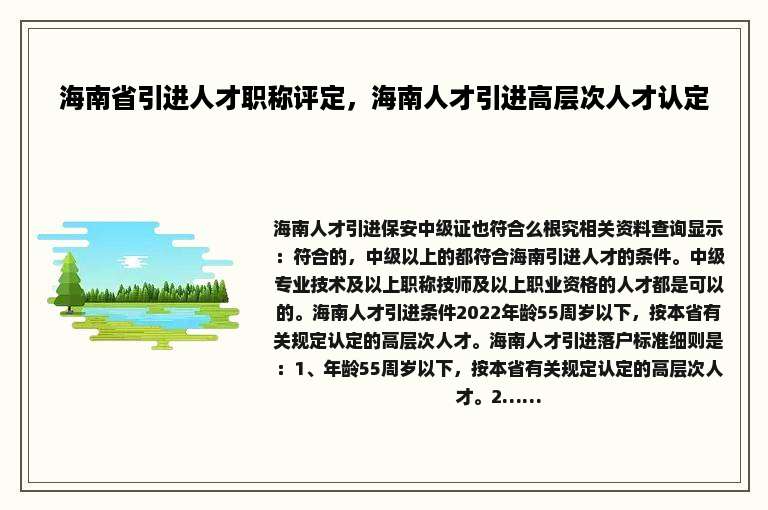 海南省引进人才职称评定，海南人才引进高层次人才认定