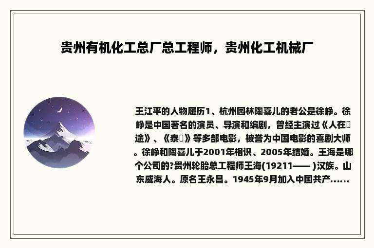 贵州有机化工总厂总工程师，贵州化工机械厂