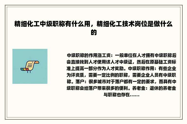 精细化工中级职称有什么用，精细化工技术岗位是做什么的
