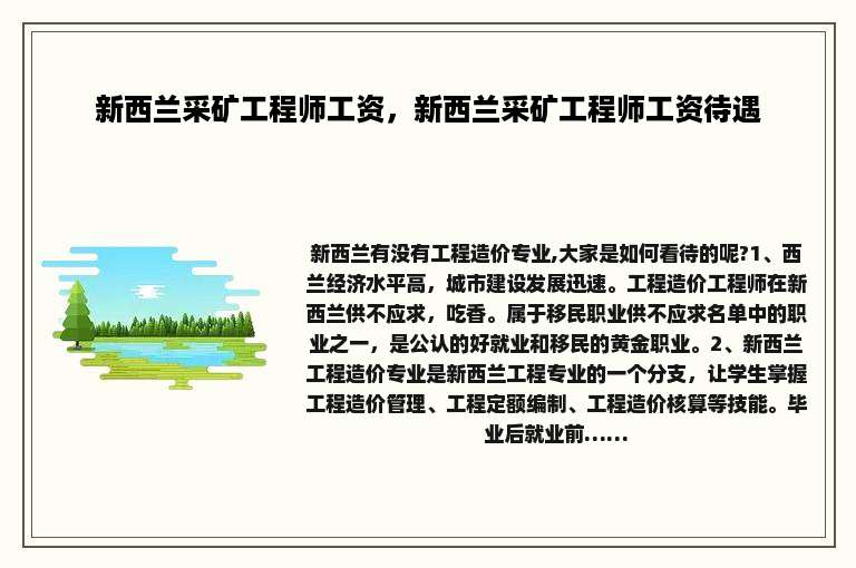 新西兰采矿工程师工资，新西兰采矿工程师工资待遇