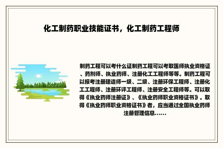 化工制药职业技能证书，化工制药工程师