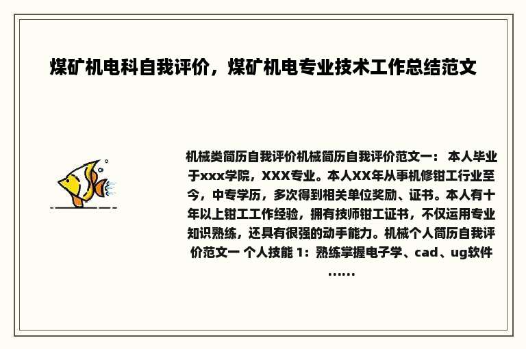煤矿机电科自我评价，煤矿机电专业技术工作总结范文