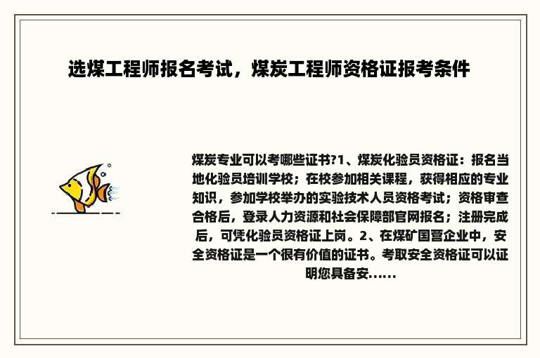 选煤工程师报名考试，煤炭工程师资格证报考条件