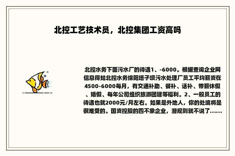 北控工艺技术员，北控集团工资高吗