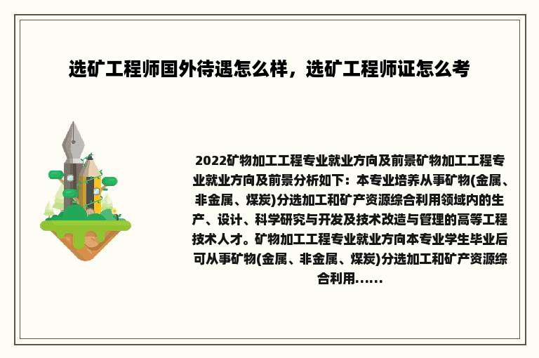 选矿工程师国外待遇怎么样，选矿工程师证怎么考