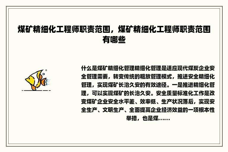 煤矿精细化工程师职责范围，煤矿精细化工程师职责范围有哪些