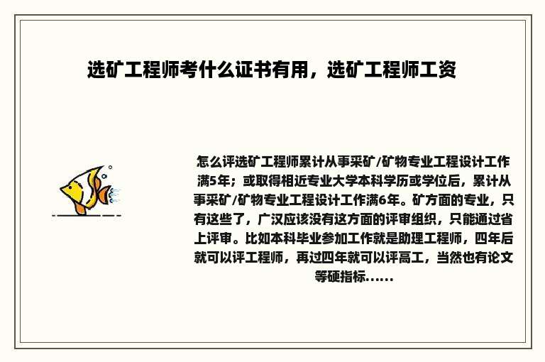 选矿工程师考什么证书有用，选矿工程师工资