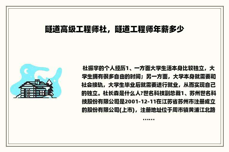 隧道高级工程师杜，隧道工程师年薪多少
