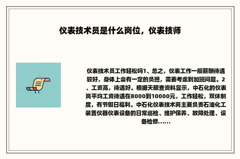 仪表技术员是什么岗位，仪表技师