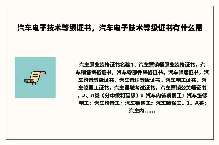 汽车电子技术等级证书，汽车电子技术等级证书有什么用
