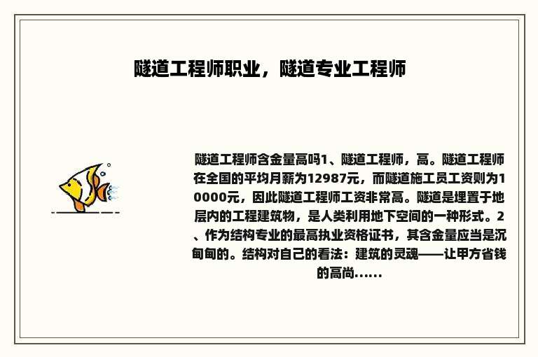 隧道工程师职业，隧道专业工程师
