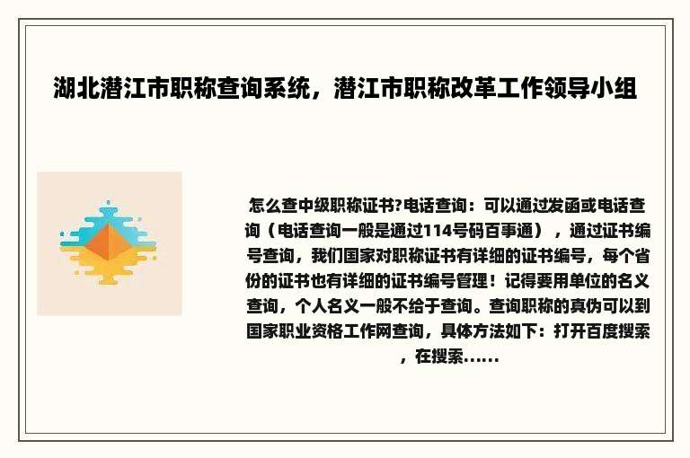 湖北潜江市职称查询系统，潜江市职称改革工作领导小组