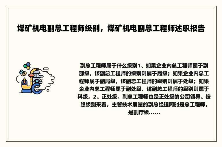 煤矿机电副总工程师级别，煤矿机电副总工程师述职报告