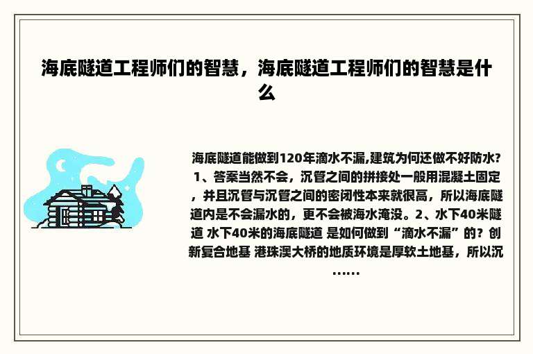 海底隧道工程师们的智慧，海底隧道工程师们的智慧是什么