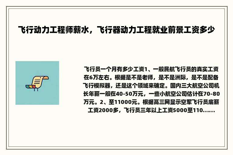 飞行动力工程师薪水，飞行器动力工程就业前景工资多少