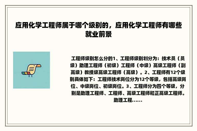 应用化学工程师属于哪个级别的，应用化学工程师有哪些就业前景