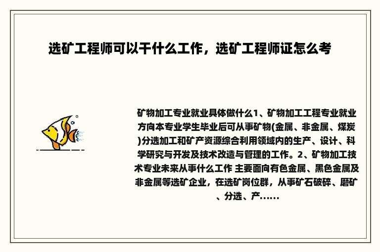 选矿工程师可以干什么工作，选矿工程师证怎么考