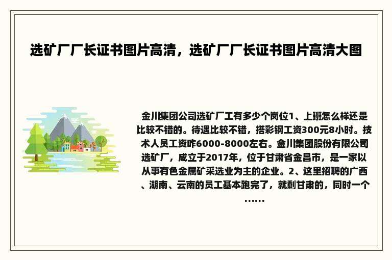 选矿厂厂长证书图片高清，选矿厂厂长证书图片高清大图