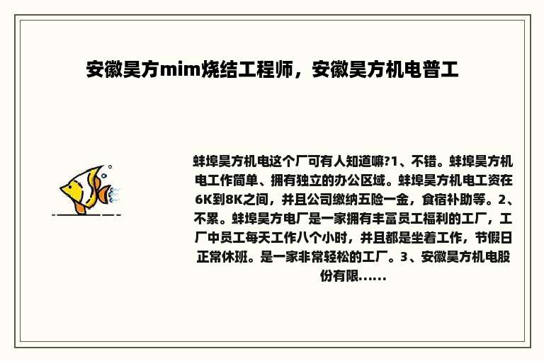 安徽昊方mim烧结工程师，安徽昊方机电普工