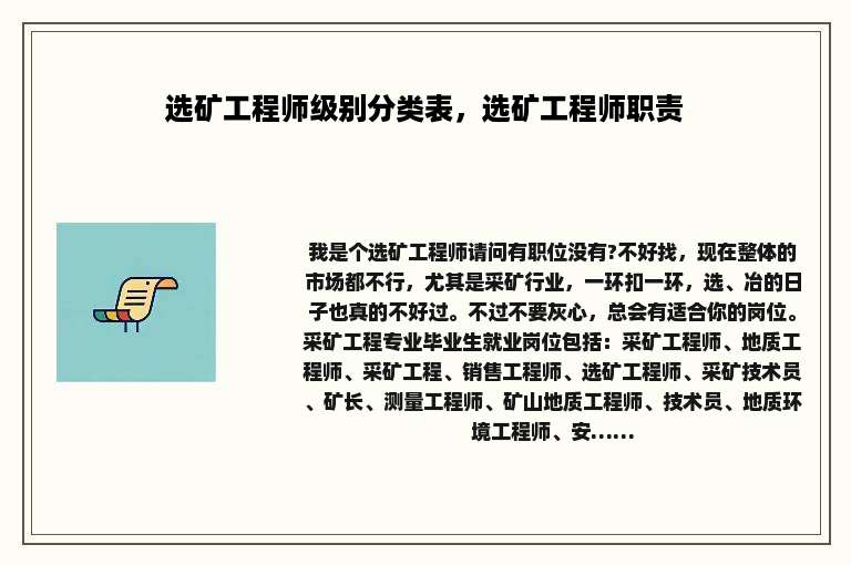 选矿工程师级别分类表，选矿工程师职责