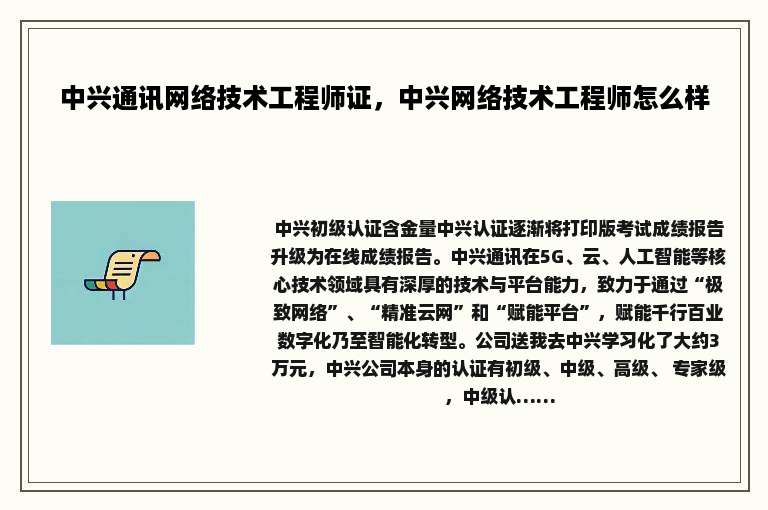 中兴通讯网络技术工程师证，中兴网络技术工程师怎么样