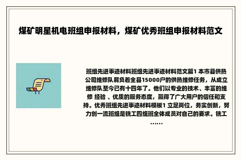 煤矿明星机电班组申报材料，煤矿优秀班组申报材料范文