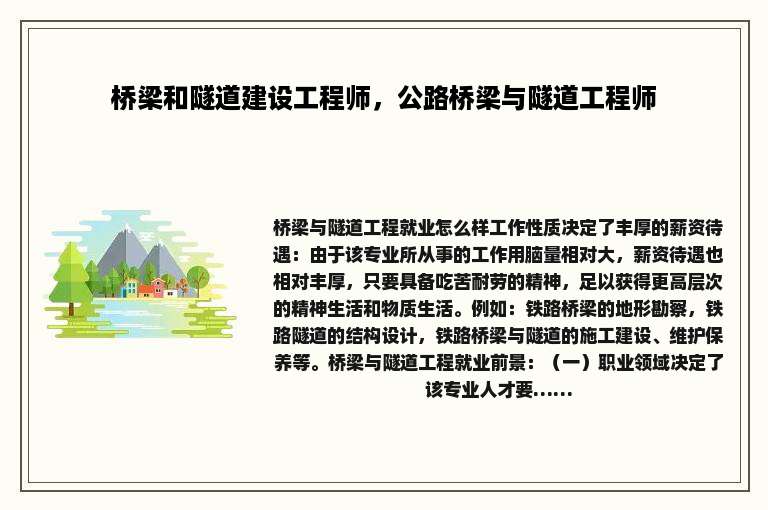 桥梁和隧道建设工程师，公路桥梁与隧道工程师