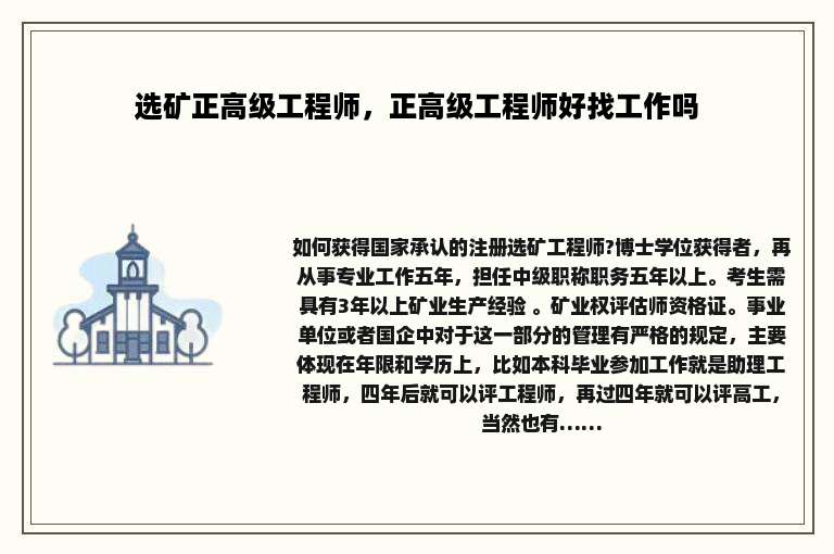 选矿正高级工程师，正高级工程师好找工作吗