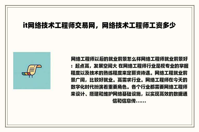 it网络技术工程师交易网，网络技术工程师工资多少