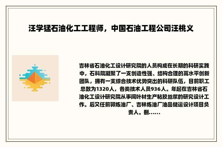 汪学猛石油化工工程师，中国石油工程公司汪桃义