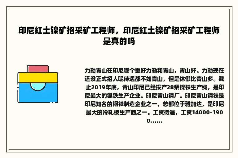 印尼红土镍矿招采矿工程师，印尼红土镍矿招采矿工程师是真的吗