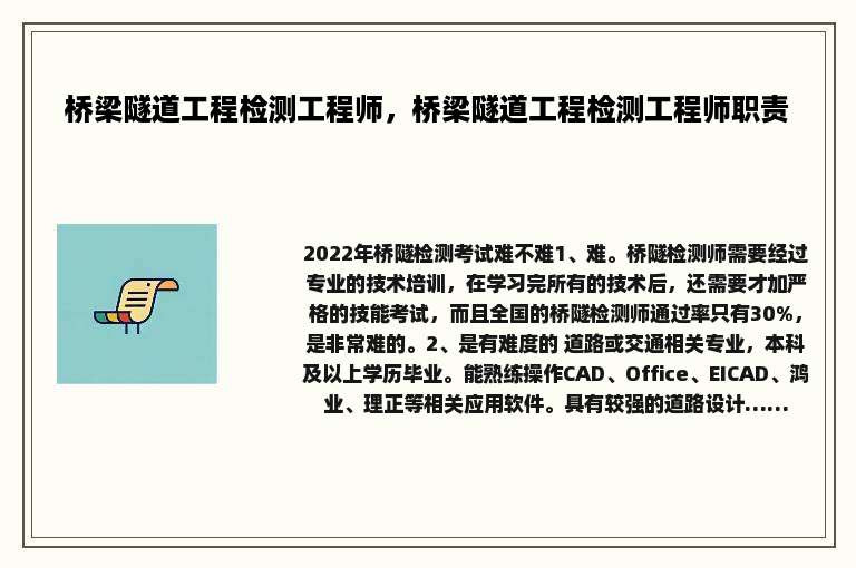 桥梁隧道工程检测工程师，桥梁隧道工程检测工程师职责