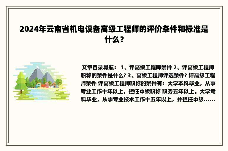 2024年云南省机电设备高级工程师的评价条件和标准是什么？
