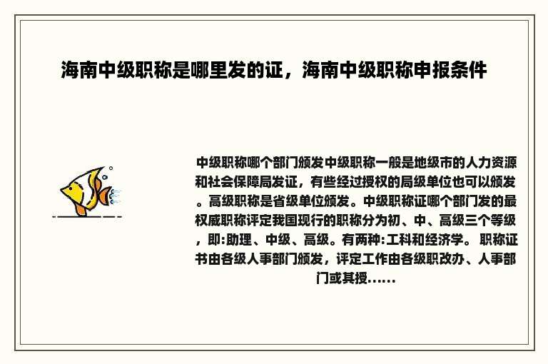 海南中级职称是哪里发的证，海南中级职称申报条件