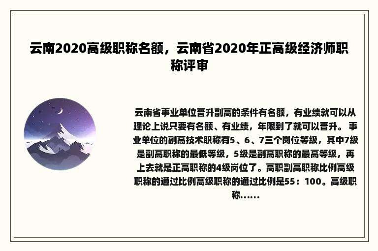 云南2020高级职称名额，云南省2020年正高级经济师职称评审