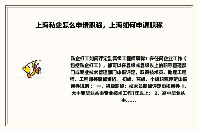 上海私企怎么申请职称，上海如何申请职称