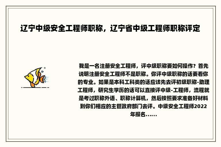 辽宁中级安全工程师职称，辽宁省中级工程师职称评定
